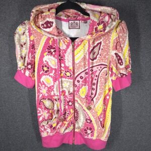 Juicy Couture Y2K Pink Paisley Terry Cloth Zip Hoodie Short Sleeve Size M